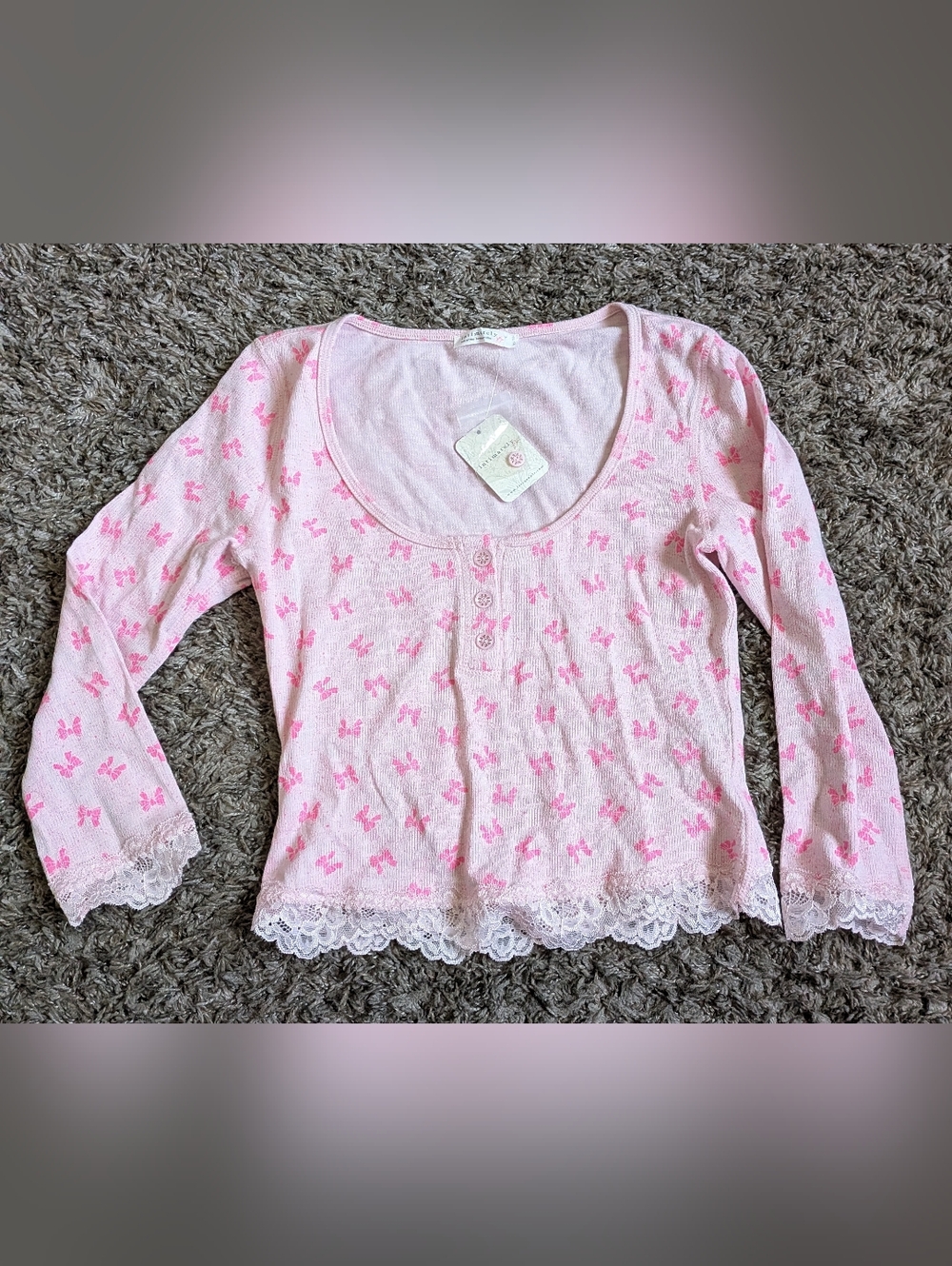 NWT Free People Intimately Pink Candy Lilac Combo Ribbon Henley PJ Top XS